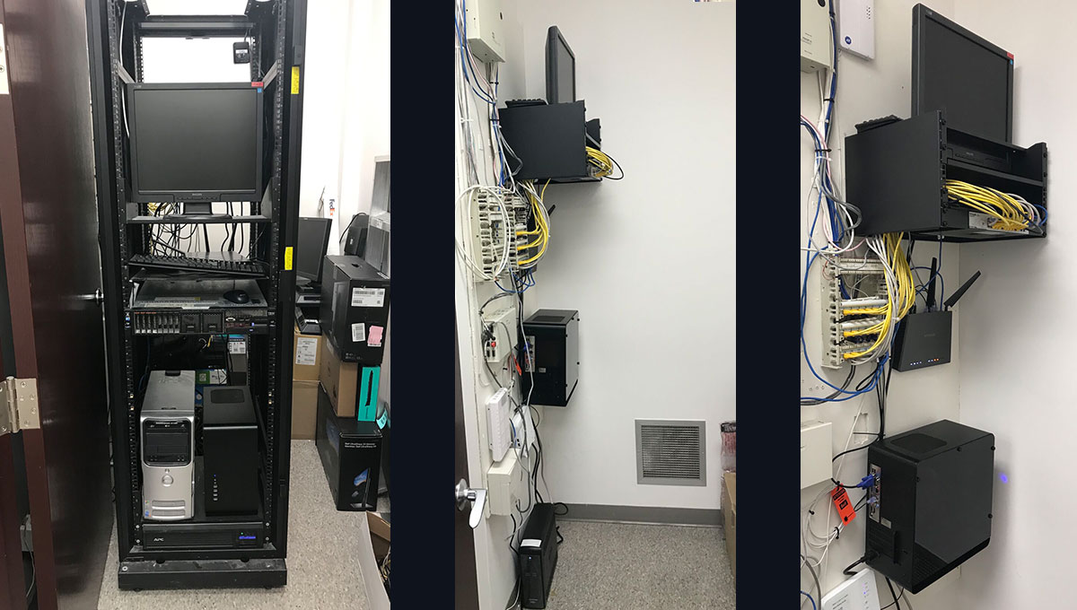 Before and after: cluttered server rack replaced by wall-mounted compact equipment